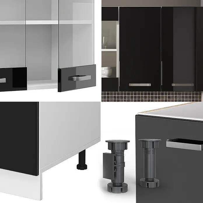 Vicco Singleküche R-Line Schwarz Hochglanz/Weiß, AP Anthrazit - Breite: 140 cm, Schwarz Hochglanz, Mit AP Anthrazit - Modulküchenschränke in Schwarz-Weiß mit Klarglastüren und silbernen Griffen, sowie verstellbare Schranksockelfüße.