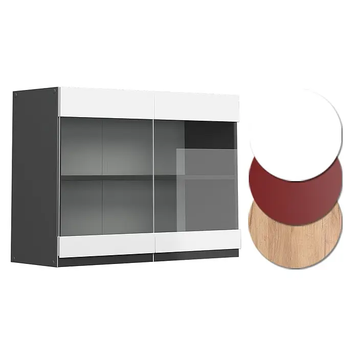 Vicco Schrankküche R-Line Weiß J-Shape - Weiß, Hängeglasschrank 80 cm grifflos - Moderne Vitrine mit dunkelgrauem Korpus, weißen Fronten und Glasschiebetüren, Farbmuster inklusive.