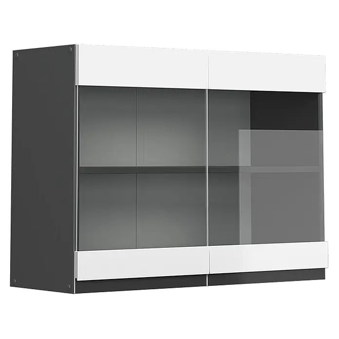 Vicco Schrankküche R-Line Weiß J-Shape - Weiß, Hängeglasschrank 80 cm grifflos - Modernes graues Sideboard mit zwei Glasschiebetüren, weißen Ober- und Unterplatten und Einlegeböden.