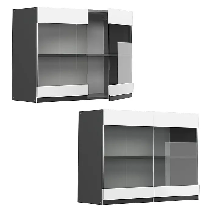 Vicco Schrankküche R-Line Weiß J-Shape - Weiß, Hängeglasschrank 80 cm grifflos - Moderne dunkelgraue und weiße Vitrinen mit Glastüren; eine offen mit Regalen, eine geschlossen.