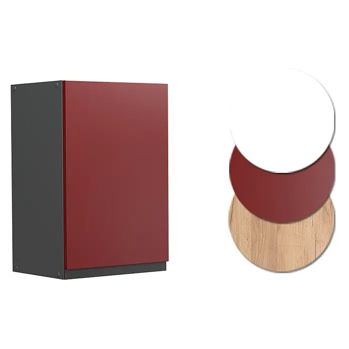 Vicco Schrankküche R-Line Rot J-Shape - Rot, Hängeschrank 40 cm grifflos - Schrankelement mit dunkelgrauem Korpus und roter Tür. Inklusive Farbmuster für Weiß, Rot und Holzoptik.