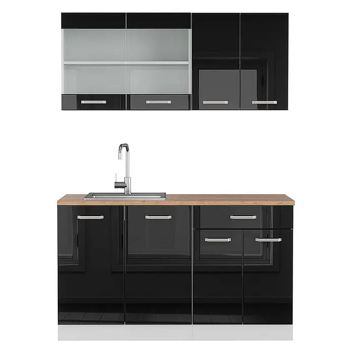 Vicco Küchenzeile R-Line, Schwarz Hochglanz, 140 cm -  - Schwarze Hochglanz-Küchenzeile mit Holzarbeitsplatte, Spüle und Chromgriffen. Obere Schränke mit Milchglas.