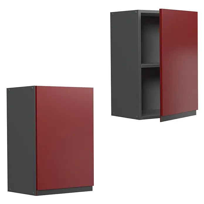 Vicco Schrankküche R-Line Rot J-Shape - Rot, Hängeschrank 40 cm grifflos - Zwei moderne Hängeschränke mit dunkelgrauem Korpus und roten Türen; einer geschlossen, einer offen mit Einlegeboden.