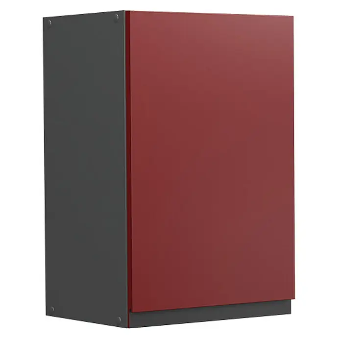 Vicco Schrankküche R-Line Rot J-Shape - Rot, Hängeschrank 40 cm grifflos - Rote matte Schranktür an einem dunkelgrauen Korpus.