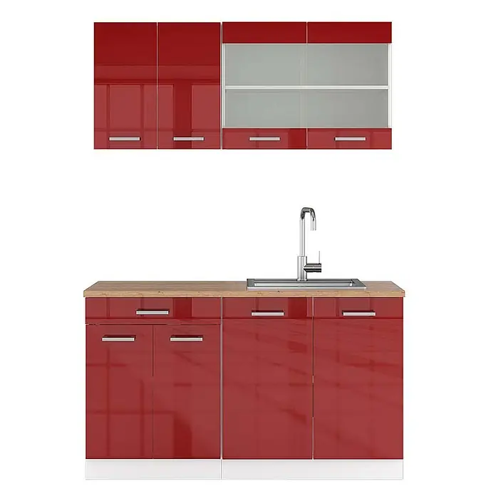 Vicco Singleküche R-Line Rot Hochglanz/Weiß, AP Eiche - Breite: 140 cm, Rot Hochglanz, Mit AP Eiche - Rote Hochglanz-Küchenschränke mit Spüle und Holz-Arbeitsplatte. Obere Schränke teilweise mit Glasfronten.