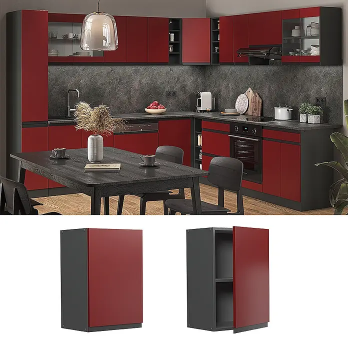 Vicco Schrankküche R-Line Rot J-Shape - Rot, Hängeschrank 40 cm grifflos - Moderne Küche mit roten und dunkelgrauen Schränken, mit Detailansicht eines Schranks.