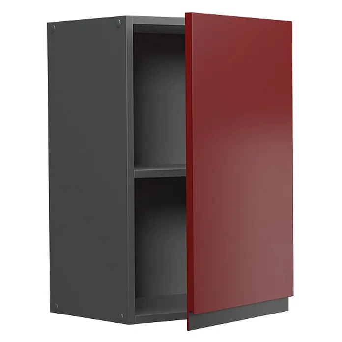 Vicco Schrankküche R-Line Rot J-Shape - Rot, Hängeschrank 40 cm grifflos - Dunkelgrauer Wandschrank mit roter Tür, leicht geöffnet, um zwei Innenböden zu zeigen. Integrierter Griff an der Tür.