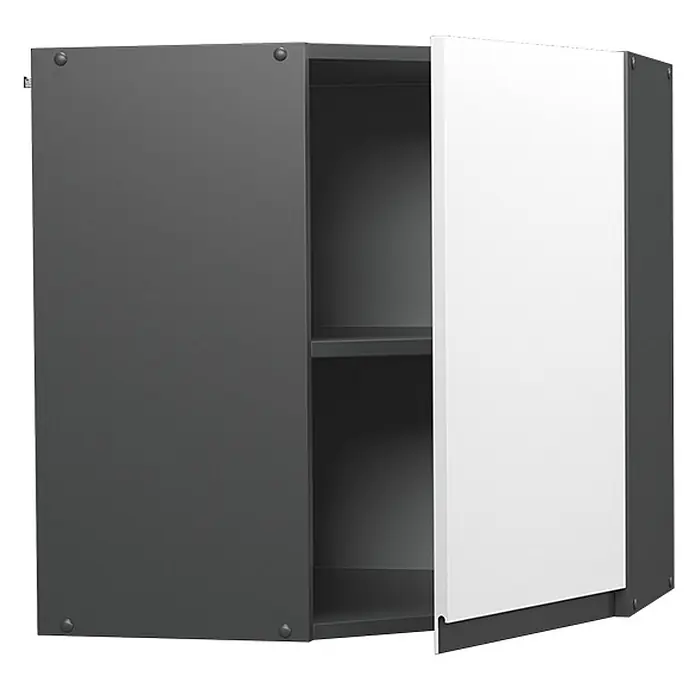Vicco Schrankküche R-Line Weiß J-Shape - Weiß, Eckhängeschrank grifflos - Dunkelgrauer Eckwandschrank mit einer teilweise geöffneten weißen Tür, die ein internes Regal zeigt.