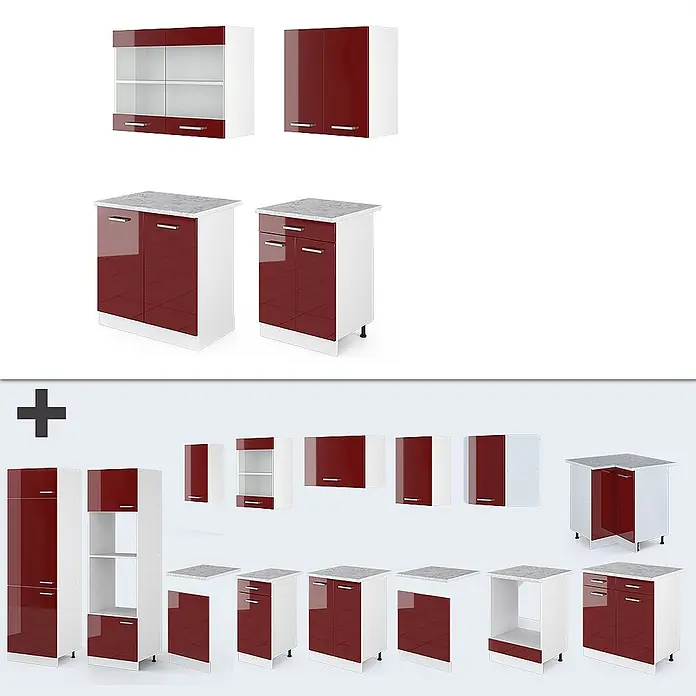 Vicco Singleküche R-Line Rot Hochglanz/Weiß, AP Anthrazit - Rot Hochglanz, Mit AP Anthrazit - Modulare Küchenschränke: weiße Korpusse, glänzende dunkelrote Fronten. Verschiedene Wand- und Unterschränke mit Griffen und teils Arbeitsplatten.