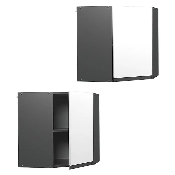Vicco Schrankküche R-Line Weiß J-Shape - Weiß, Eckhängeschrank grifflos - Zwei Hängeschränke für die Ecke. Einer geschlossen, einer offen mit Regal. Anthrazitfarbener Korpus mit weißer Tür.