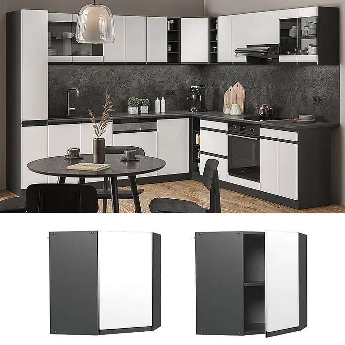 Vicco Schrankküche R-Line Weiß J-Shape - Weiß, Eckhängeschrank grifflos - Moderne Küche mit kontrastierenden weißen und dunkelgrauen Modulschränken, dunklen Arbeitsplatten und integrierten Geräten. Ein dunkler Esstisch mit Stühlen steht im Vordergrund.