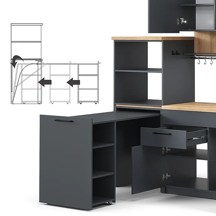 Vicco Singleküche Egbert Anthrazit mit ausziehbarem Tisch mit LED-Leisten - Breite: 160 cm, Anthrazit, mit LED-Leiste - Dunkelgrauer Modultisch mit hellen Holzdetails und ausziehbarem Rollregal. Mit Fächern, Schublade und Schränken.