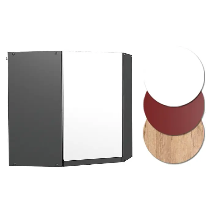 Vicco Schrankküche R-Line Weiß J-Shape - Weiß, Eckhängeschrank grifflos - Eckschrank in Dunkelgrau mit weißer Tür, zeigt Muster für Weiß, Rotbraun und Holzoptik.
