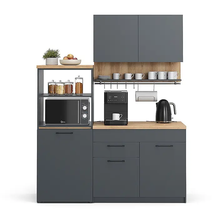 Vicco Singleküche Egbert Anthrazit mit ausziehbarem Tisch mit LED-Leisten - Breite: 160 cm, Anthrazit, mit LED-Leiste - Dunkelgraue und Holz-Modulküche mit Mikrowelle, Kaffeemaschine, Wasserkocher und verschiedenen Aufbewahrungslösungen.
