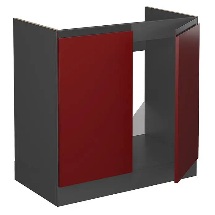 Vicco Schrankküche R-Line Rot J-Shape, ohne Arbeitsplatte - Rot, Spülenunterschrank 80 cm grifflos - Dunkelgrauer Küchenunterschrank mit roten Türen, eine offen, für Eckeinbau oder Gerät.