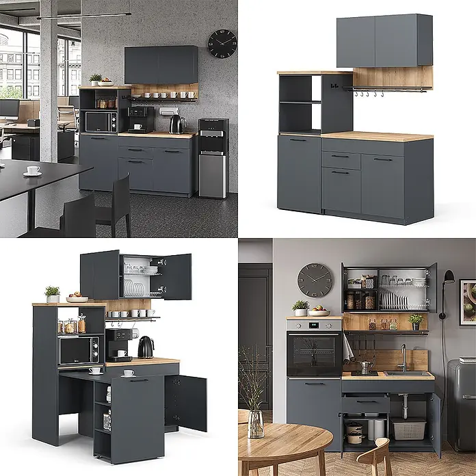 Vicco Singleküche Egbert Anthrazit mit ausziehbarem Tisch mit LED-Leisten - Breite: 160 cm, Anthrazit, mit LED-Leiste - Modulare anthrazitfarbene Küchenzeile mit Holzplatten, gezeigt in kompakten Büro- und Heimumgebungen.