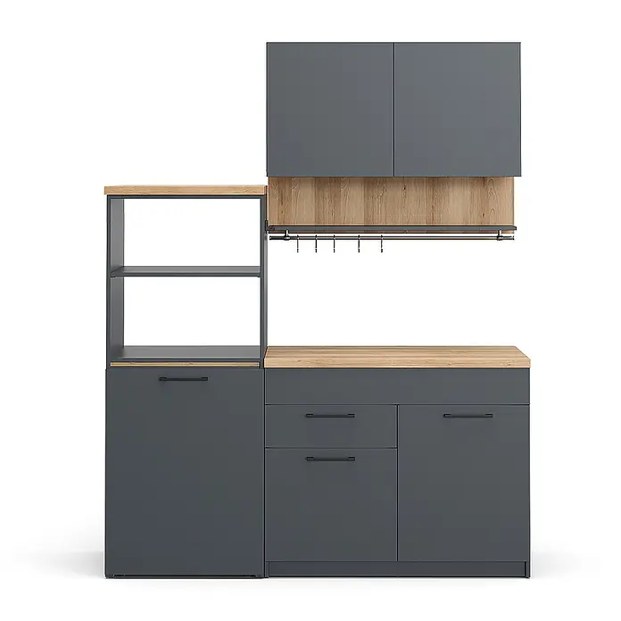 Vicco Singleküche Egbert Anthrazit mit ausziehbarem Tisch mit LED-Leisten - Breite: 160 cm, Anthrazit, mit LED-Leiste - Dunkelgraue modulare Küchenzeile mit hellen Holzplatten, offenen Regalen und einer Utensilienleiste.