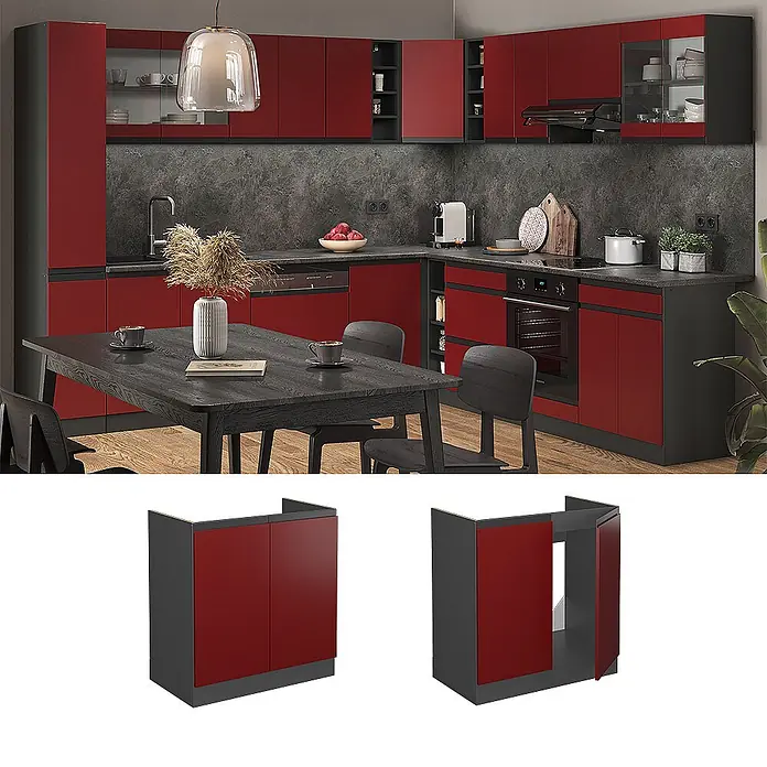 Vicco Schrankküche R-Line Rot J-Shape, ohne Arbeitsplatte - Rot, Spülenunterschrank 80 cm grifflos - Moderne L-förmige Küche mit roten Schrankfronten, schwarzen Rahmen und dunklen Arbeitsplatten mit integrierten Geräten.