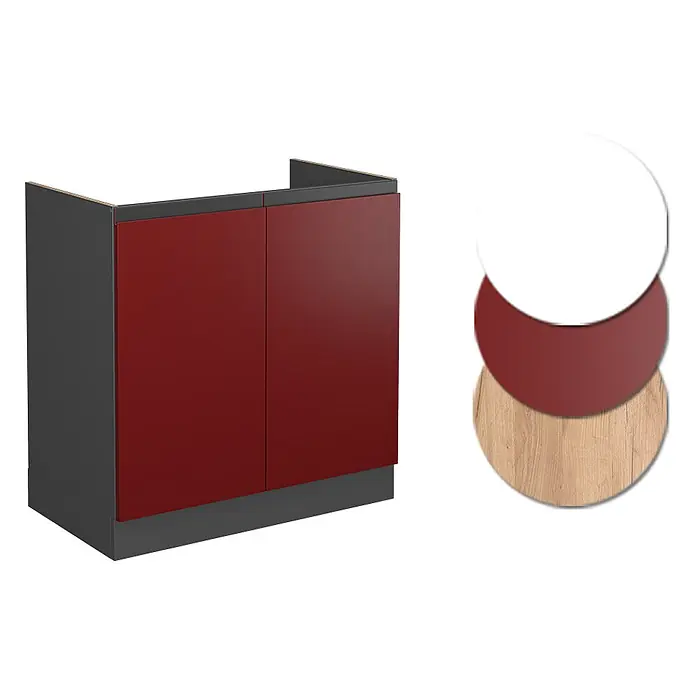 Vicco Schrankküche R-Line Rot J-Shape, ohne Arbeitsplatte - Rot, Spülenunterschrank 80 cm grifflos - Zweitüriger Unterschrank mit roten Türen und dunkelgrauem Korpus. Farbmuster: Weiß, Rot, Holzoptik.