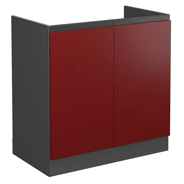 Vicco Schrankküche R-Line Rot J-Shape, ohne Arbeitsplatte - Rot, Spülenunterschrank 80 cm grifflos - Roter Küchenunterschrank mit zwei Türen und dunkelgrauem Korpus.
