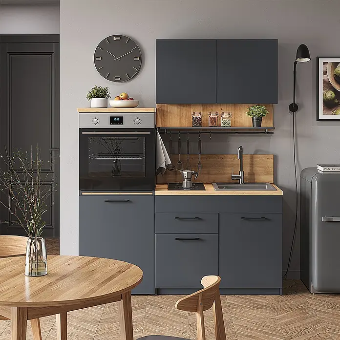 Vicco Singleküche Egbert Anthrazit mit ausziehbarem Tisch mit LED-Leisten - Breite: 160 cm, Anthrazit, mit LED-Leiste - Kompakte, dunkelgraue Küchenzeile mit Holz-Arbeitsplatten, integriertem Backofen, Kochfeld und Spüle. Modernes Küchenambiente.