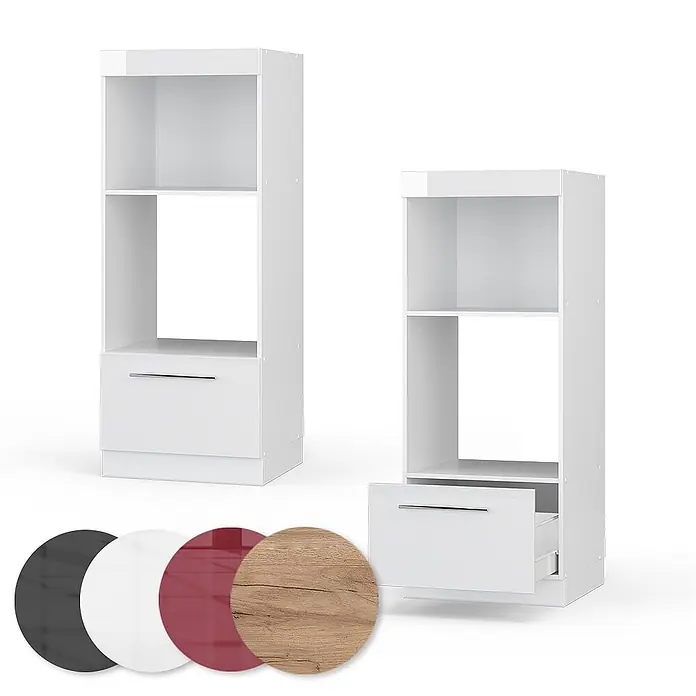 Vicco Schrankküche Fame-Line Weiß Hochglanz offen - Weiß Hochglanz, Mikrowellenumbauschrank 60 cm - Weißer Küchenschrank mit Regalen und Schublade, gezeigt mit geöffneter Schublade und Farb-/Materialoptionen.