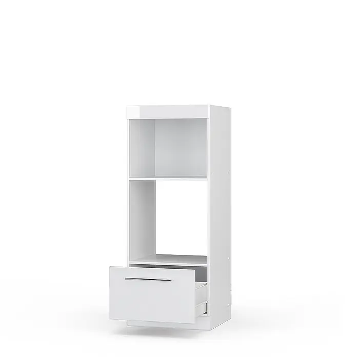 Vicco Schrankküche Fame-Line Weiß Hochglanz offen - Weiß Hochglanz, Mikrowellenumbauschrank 60 cm - Weißer Hochschrank mit zwei offenen Fächern und einer Auszugsschublade mit silbernem Griff.
