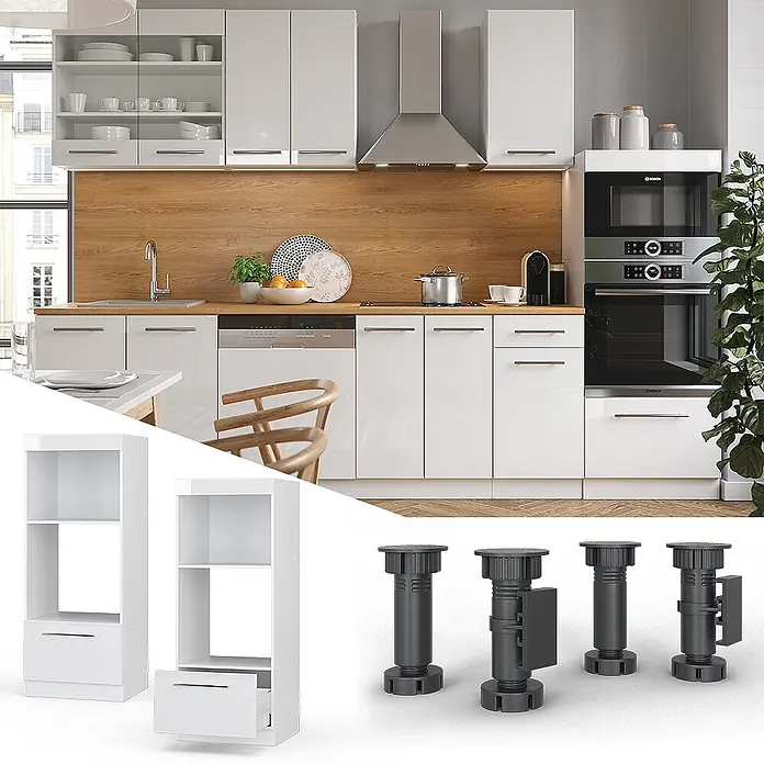 Vicco Schrankküche Fame-Line Weiß Hochglanz offen - Weiß Hochglanz, Mikrowellenumbauschrank 60 cm - Weiße modulare Küchenschränke in einer modernen Küche, mit einzelnen Schrankelementen und verstellbaren Füßen separat gezeigt.