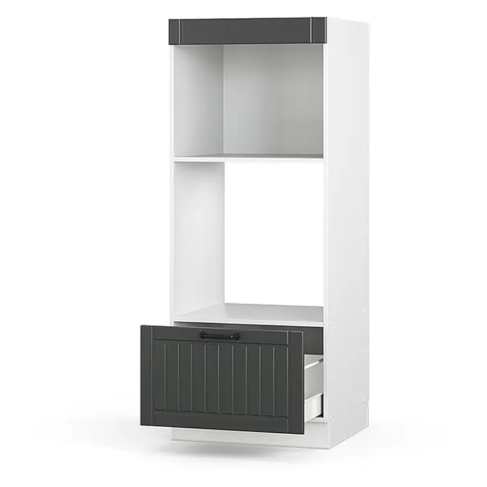 Vicco Schrankküche Fame-Line Anthrazit Landhaus offen - Dunkelgrau, Mikrowellenumbauschrank 60 cm - Weißer hoher Küchenschrank mit dunkelgrauer Oberseite, offenen Regalen und einer dunkelgrauen Schublade mit Innenschublade.
