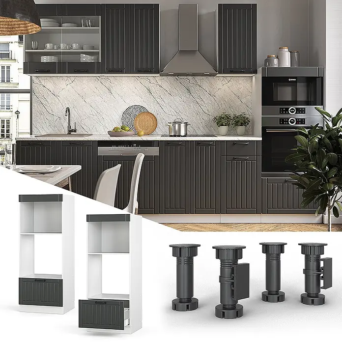 Vicco Schrankküche Fame-Line Anthrazit Landhaus offen - Dunkelgrau, Mikrowellenumbauschrank 60 cm - Moderne dunkelgraue Küchenschränke, weiße Regalelemente mit dunkelgrauen Schubladen und schwarze verstellbare Möbelfüße.