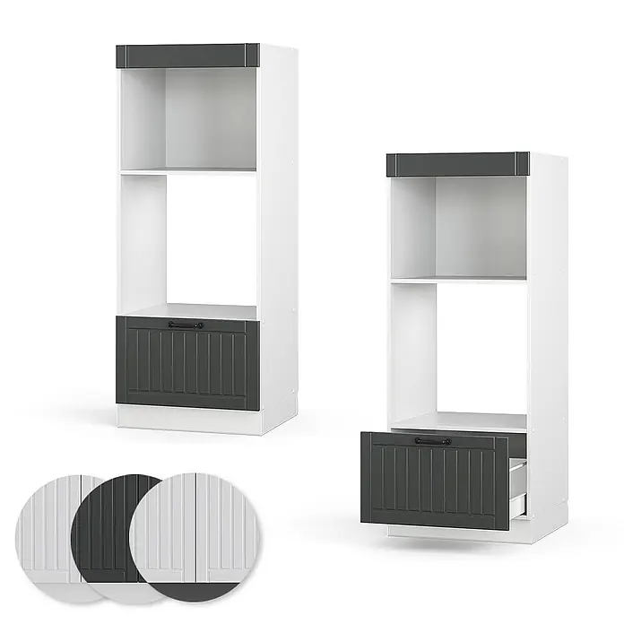 Vicco Schrankküche Fame-Line Anthrazit Landhaus offen - Dunkelgrau, Mikrowellenumbauschrank 60 cm - Weißer Küchenschrank mit dunkelgrauer geriffelter Schublade und offenen Fächern.