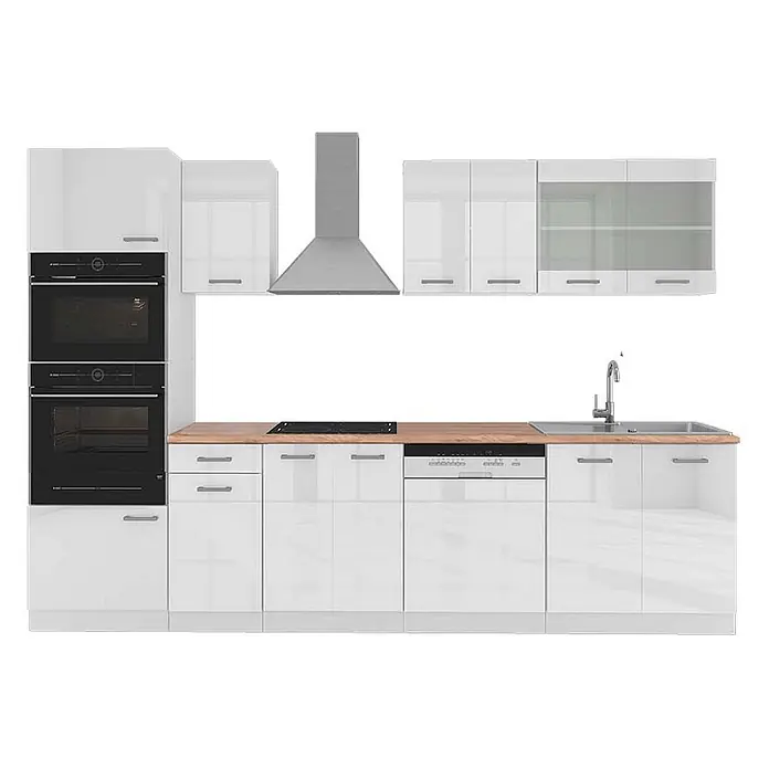 Vicco Küchenzeile R-Line Weiß Hochglanz/Weiß mit Hochschrank, AP Eiche - Breite: 300 cm, Weiß Hochglanz, Ohne Elektrogeräte - Moderne weiße Hochglanzküche mit Holztheke, Einbauöfen, Kochfeld, Geschirrspüler, Spüle und Dunstabzugshaube.