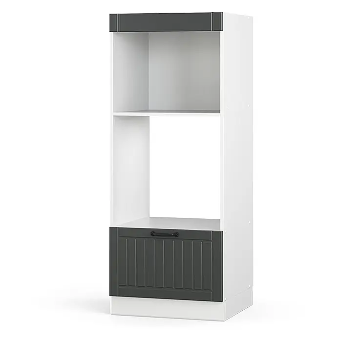 Vicco Schrankküche Fame-Line Anthrazit Landhaus offen - Dunkelgrau, Mikrowellenumbauschrank 60 cm - Hoher weißer Schrank mit dunkelgrauer Oberseite und geriffelter dunkelgrauer Bodenschublade mit schwarzem Griff, für Küchengeräte.