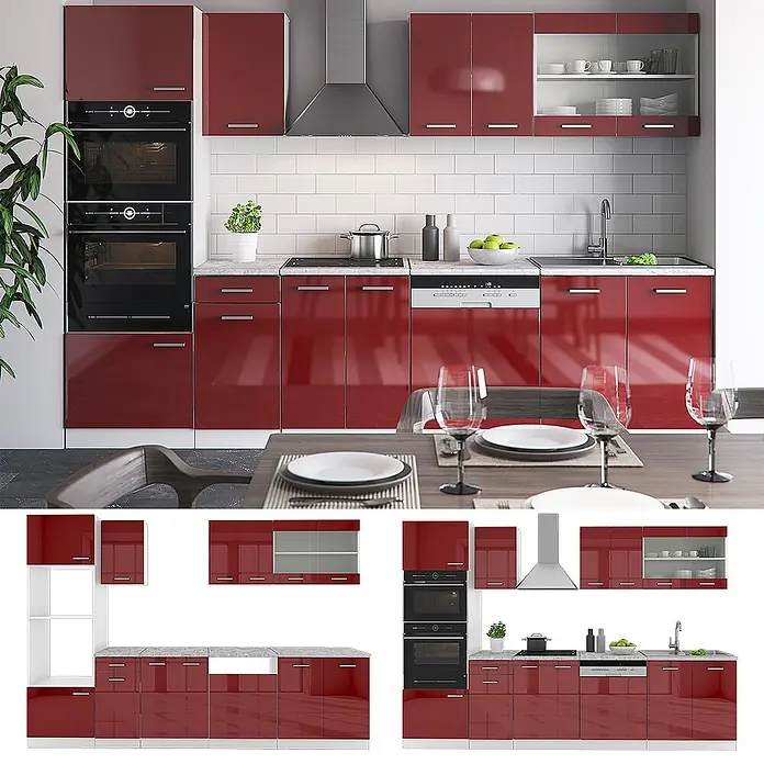 Vicco Küchenzeile R-Line Rot Hochglanz/Weiß mit Hochschrank, AP Anthrazit - Rot Hochglanz, Ohne Elektrogeräte - Moderne Küche mit hochglänzenden roten Fronten, integrierten Öfen, Kochfeld, Geschirrspüler und Spüle, funktional und stilvoll.