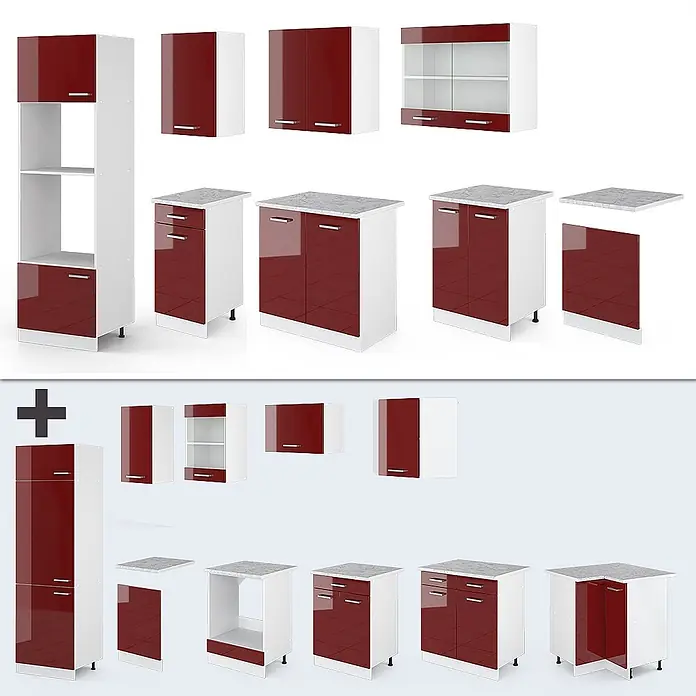 Vicco Küchenzeile R-Line Rot Hochglanz/Weiß mit Hochschrank, AP Anthrazit - Rot Hochglanz, Ohne Elektrogeräte - Modulare Küchenschränke in Weiß mit glänzenden dunkelroten Türen, teilweise mit Glas oder grauen Arbeitsplatten.