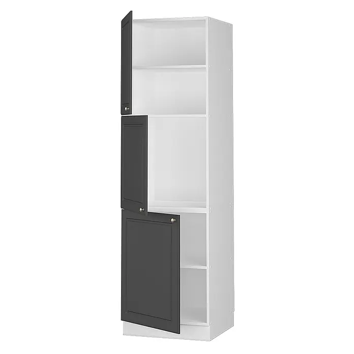 Vicco Schrankküche Fame-Line Anthrazit-Gold Landhaus - Anthrazit-Gold Landhaus, Vorratsschrank 60 cm - Hoher weißer Schrank mit drei dunkelgrauen Flügeltüren und goldenen Griffen, leicht geöffnet, zeigt Regale.