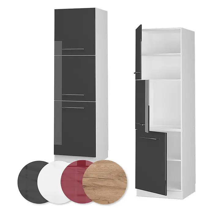 Vicco Schrankküche Fame-Line Anthrazit Hochglanz - Anthrazit Hochglanz, Vorratsschrank 60 cm - Hoher Küchenschrank mit dunkelgrauen Hochglanztüren und weißer Innenausstattung, in verschiedenen Farben/Ausführungen erhältlich.