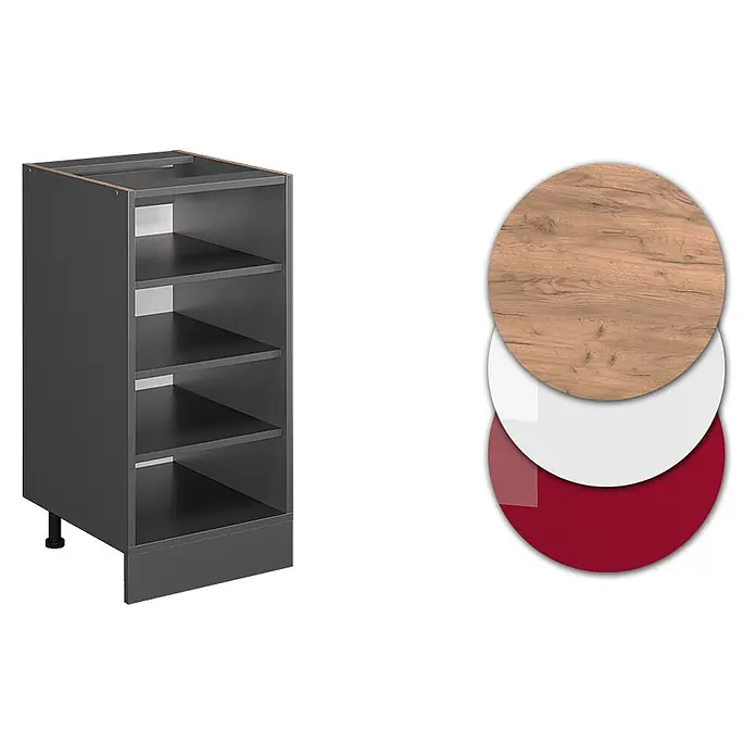 Vicco Schrankküche R-Line Anthrazit ohne Arbeitsplatte - Anthrazit, Regalunterschrank 40 cm - Dunkelgrauer offener Küchenschrank mit mehreren Regalböden und Materialmustern in Holz, Weiß und Rot.