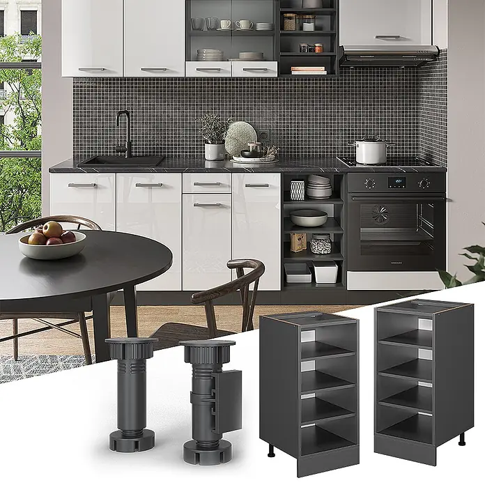 Vicco Schrankküche R-Line Anthrazit ohne Arbeitsplatte - Anthrazit, Regalunterschrank 40 cm - Dunkelgraue modulare Küchenunterschränke mit verstellbaren Beinen, in moderner Küchenumgebung.