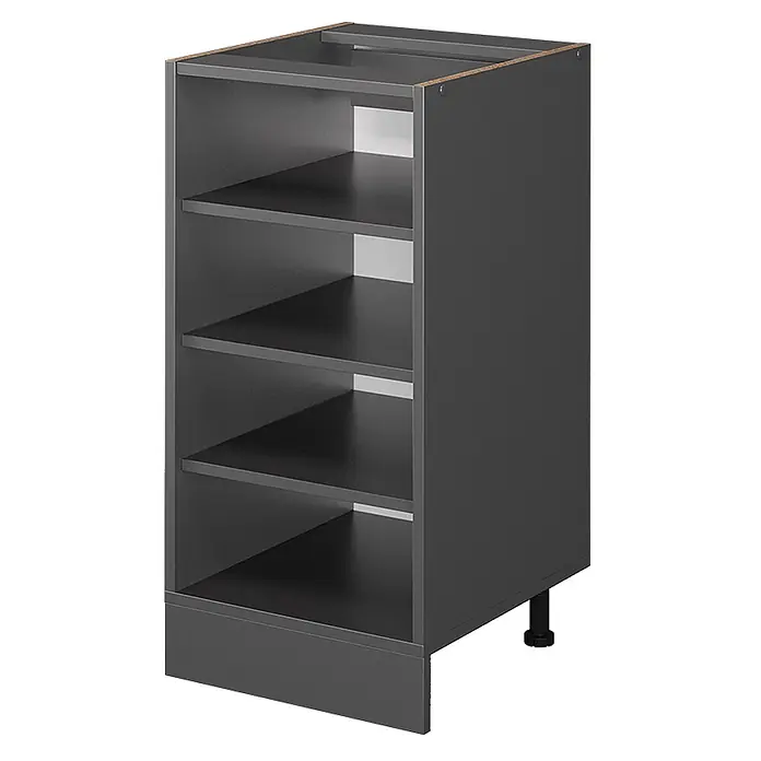Vicco Schrankküche R-Line Anthrazit, AP Eiche - Anthrazit, Regalunterschrank 40 cm, AP Eiche - Dunkelgrauer Küchenunterschrank mit vier offenen Regalböden und verstellbaren Füßen.
