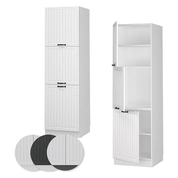 Vicco Schrankküche Fame-Line Weiß Landhaus - Weiß Landhaus, Vorratsschrank 60 cm Hoch - Weißer hoher Schrank mit Lamellentüren und schwarzen Griffen, geschlossen und offen mit Regalen dargestellt. Farboptionen darunter.