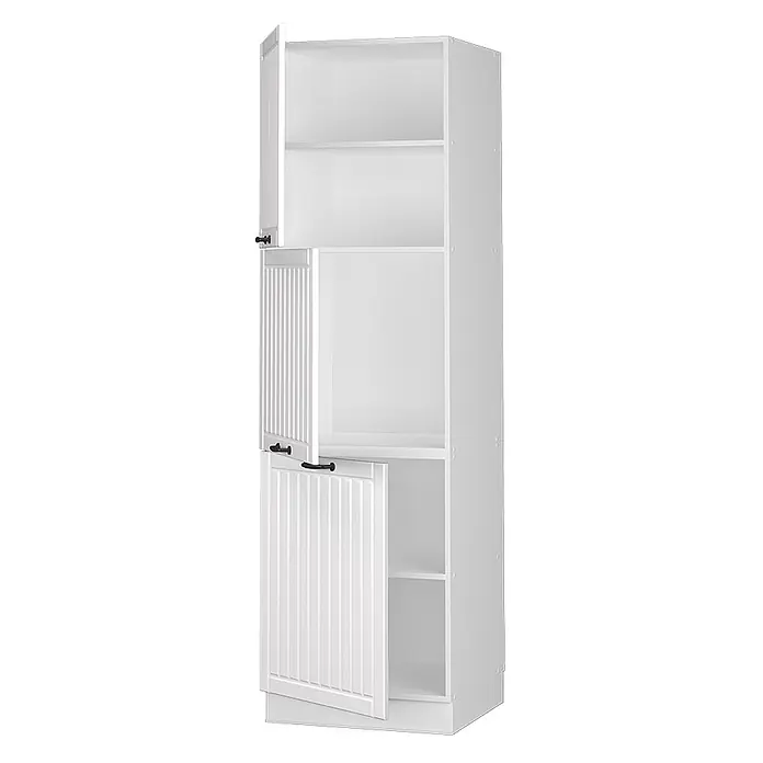 Vicco Schrankküche Fame-Line Weiß Landhaus - Weiß Landhaus, Vorratsschrank 60 cm Hoch - Hoher weißer Schrank mit geriffelten Türen, einige geöffnet, die Regalböden und schwarze Griffe zeigen.