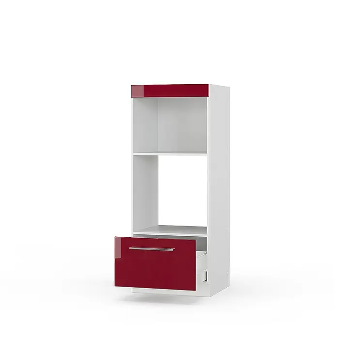 Vicco Schrankküche Fame-Line Bordeaux Hochglanz offen - Bordeaux Hochglanz, Mikrowellenumbauschrank 60 cm - Weißer Schrank mit zwei offenen Fächern, einer roten glänzenden Oberplatte und einer teilweise geöffneten roten Hochglanzschublade mit silbernem Griff.