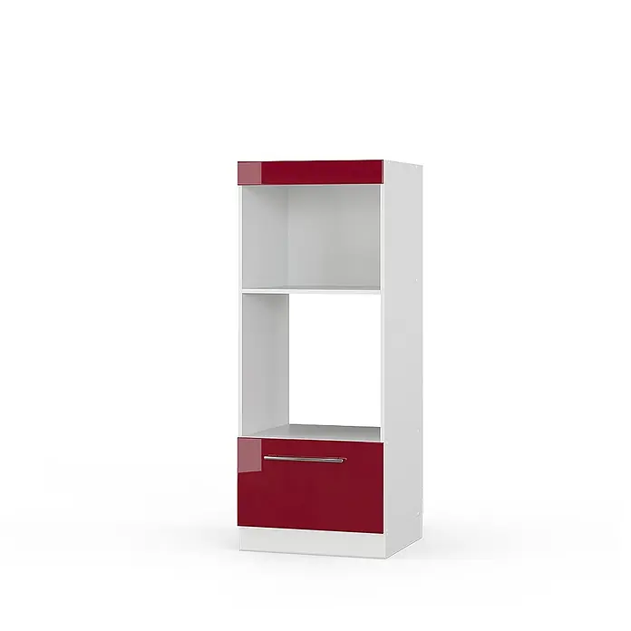 Vicco Schrankküche Fame-Line Bordeaux Hochglanz offen - Bordeaux Hochglanz, Mikrowellenumbauschrank 60 cm - Weißer Küchenschrank mit glänzend roter Oberblende und roter Schublade, mit offenen Fächern.