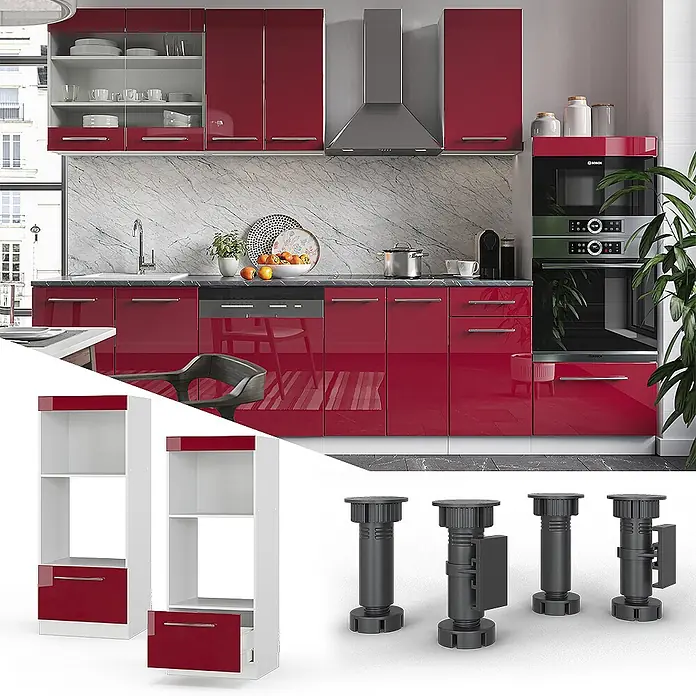 Vicco Schrankküche Fame-Line Bordeaux Hochglanz offen - Bordeaux Hochglanz, Mikrowellenumbauschrank 60 cm - Rote Hochglanz-Modulküchenschränke, inklusive Unter-, Ober- und Hochschränke, mit verstellbaren schwarzen Füßen.