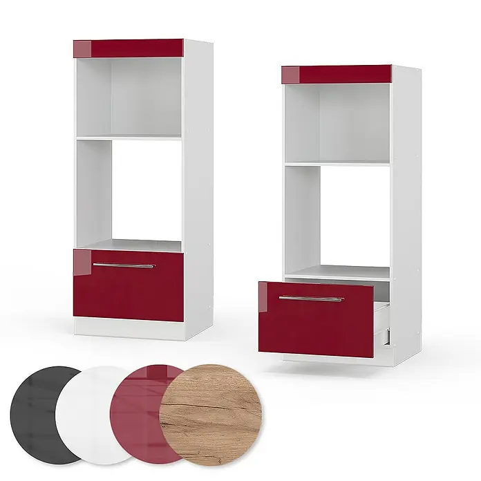 Vicco Schrankküche Fame-Line Bordeaux Hochglanz offen - Bordeaux Hochglanz, Mikrowellenumbauschrank 60 cm - Zwei weiße Küchenunterschränke mit roten Hochglanz-Schubladenfronten und Oberblende, offenen Fächern. Eine Schublade geöffnet. Farbmuster unten.
