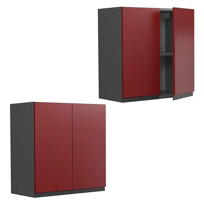 Vicco Schrankküche R-Line Rot J-Shape - Rot, Hängeschrank 60 cm grifflos - Zwei rot-graue Küchenwandschränke, einer geschlossen und einer offen mit Regal.
