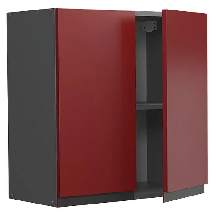 Vicco Schrankküche R-Line Rot J-Shape - Rot, Hängeschrank 60 cm grifflos - Dunkelgrauer Hängeschrank mit zwei roten Türen, eine leicht geöffnet mit Innenregal.
