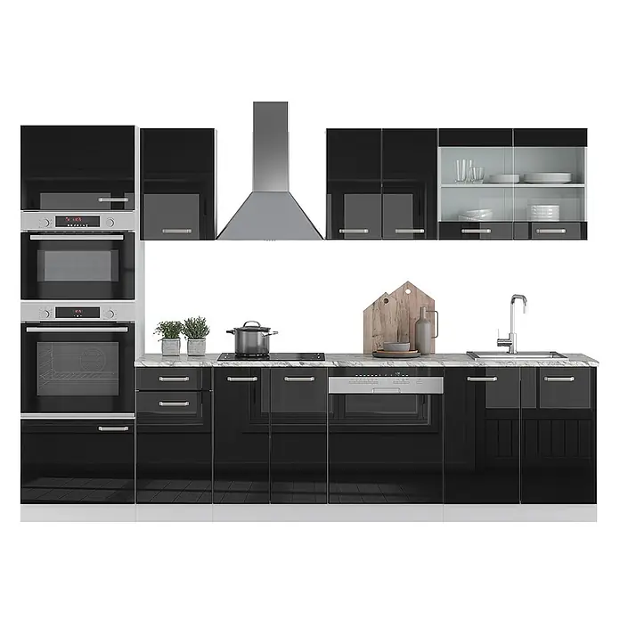 Vicco Küchenzeile R-Line Schwarz Hochglanz/Weiß mit Hochschrank, ohne Arbeitsplatte - Breite: 300 cm, Schwarz Hochglanz, Ohne Elektrogeräte - Moderne schwarze Küchenmöbel mit integrierten silbernen Geräten, weißer Marmorplatte und Dunstabzugshaube, kochbereit.