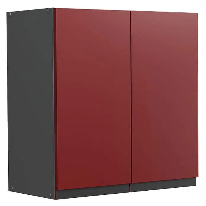 Vicco Schrankküche R-Line Rot J-Shape - Rot, Hängeschrank 60 cm grifflos - Roter zweitüriger Schrank mit dunkelgrauen Seiten.